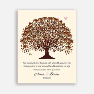 Mother of Groom You Raised With Love This Man Fall Canopy Leaves With Cream Background Carved Initials #CWA-1006