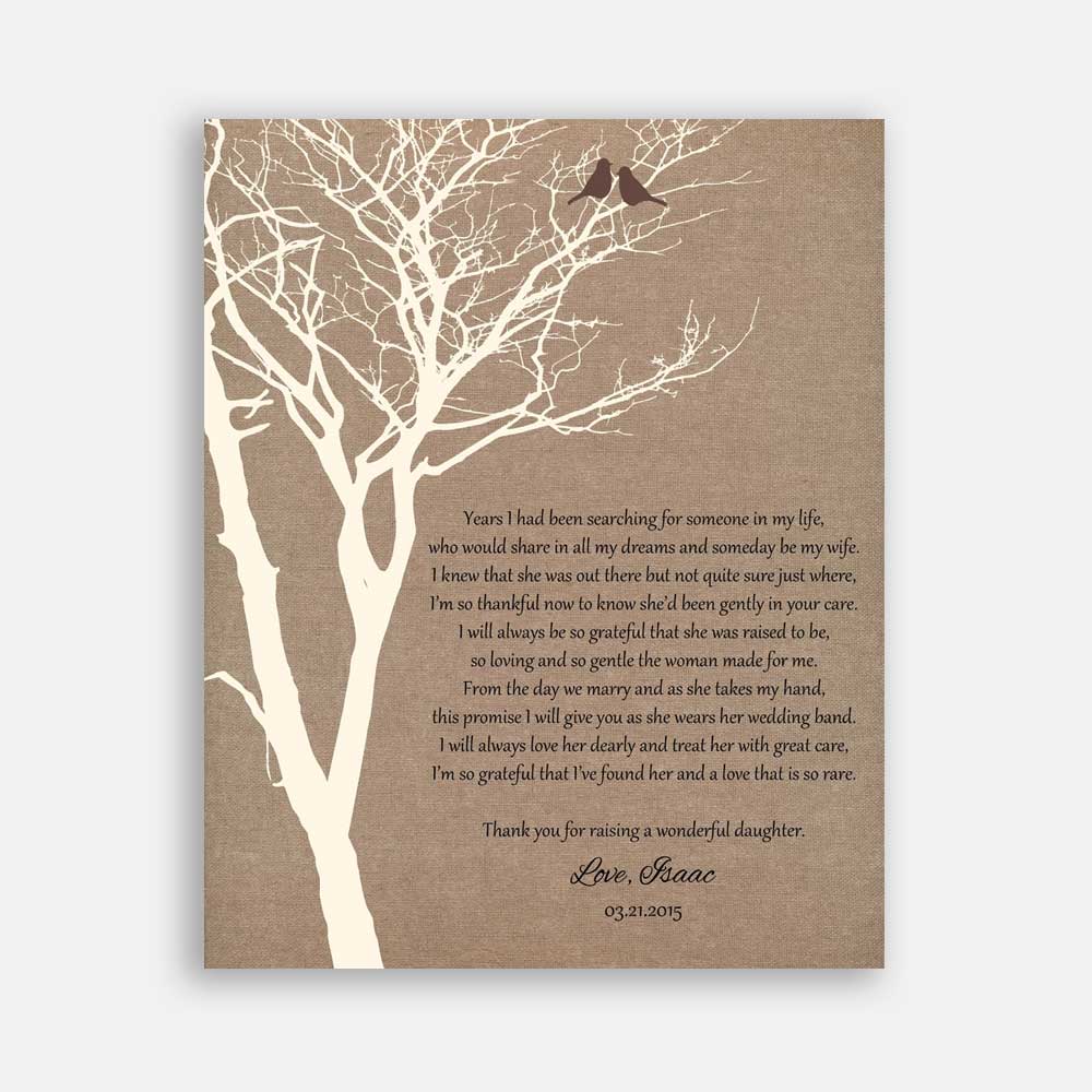 Mother of Bride Parents Faux Burlap Background With Cream Bare Tree And Brown Love Birds Years I Had Been Searching #CWA-1019