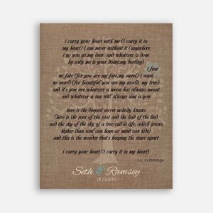 Mother of Bride Parents Faux Burlap Turquoise I Carry Your Heart E. E. Cummings #CWA-1030
