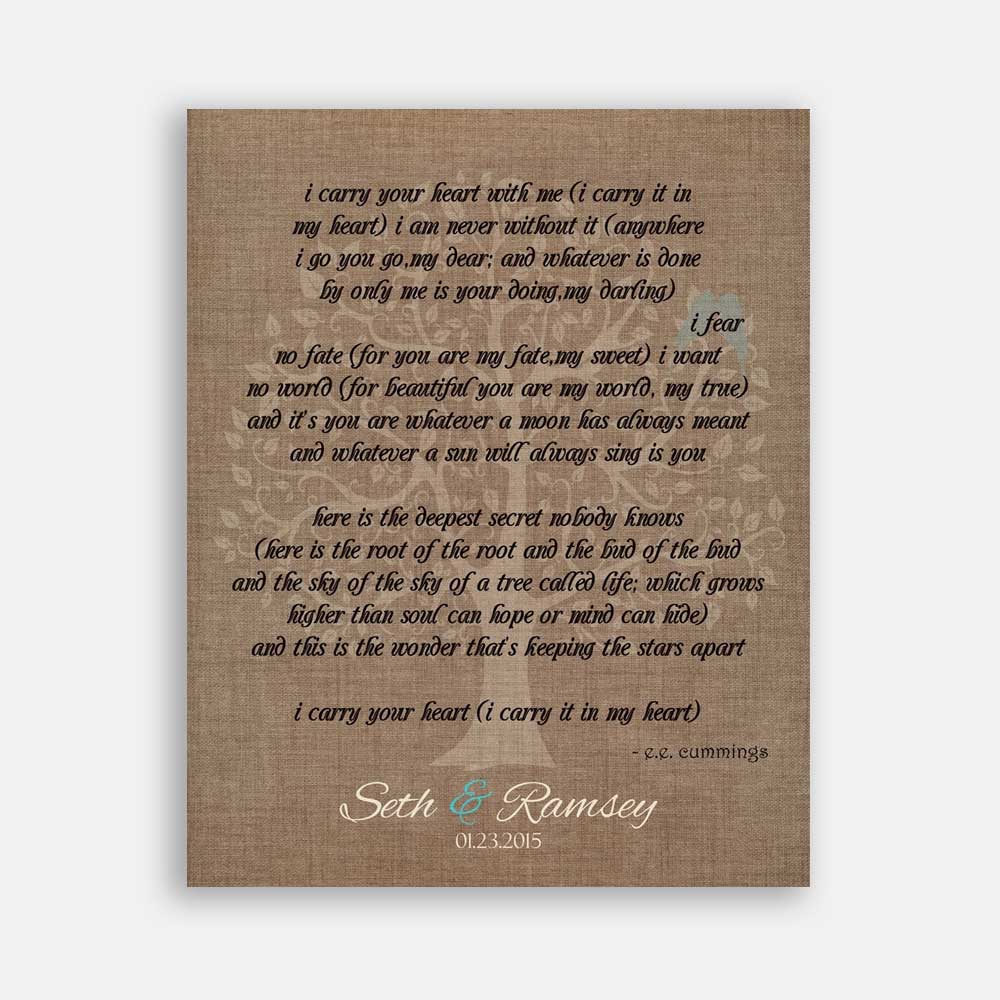 Mother of Bride Parents Faux Burlap Turquoise I Carry Your Heart E. E. Cummings #CWA-1030