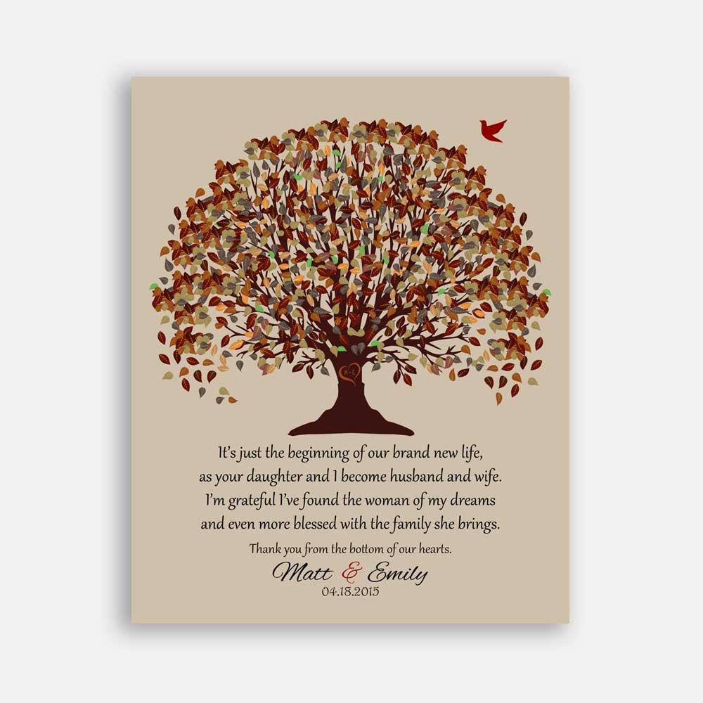 Father Mother of Bride Blessed With The Family She Brings Gift From Groom Fall Canopy Leaves on Beige Background #CWA-1077