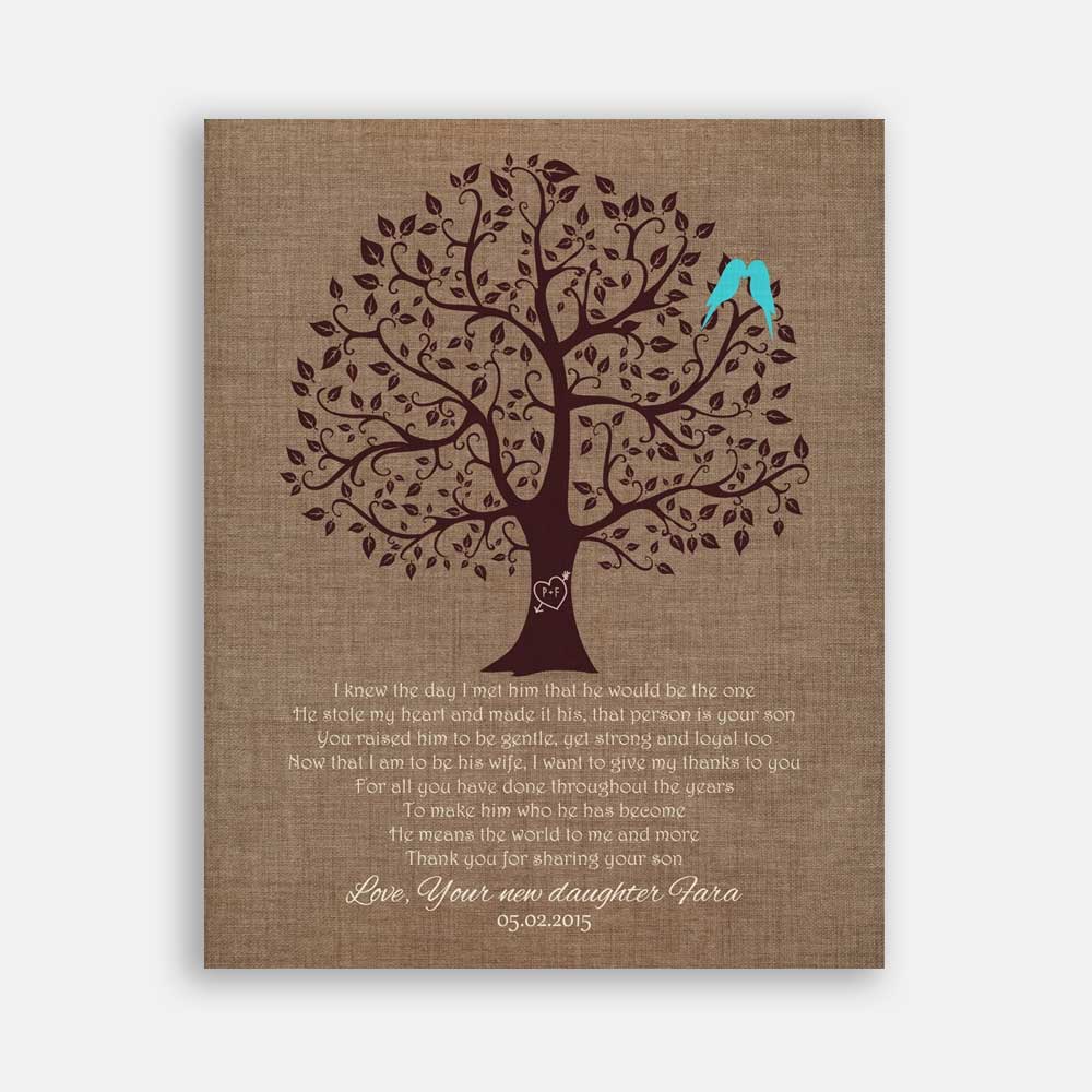 Mother of Groom Parents Faux Burlap With Brown Tree Turquoise Birds I Knew The Day #CWA-1084