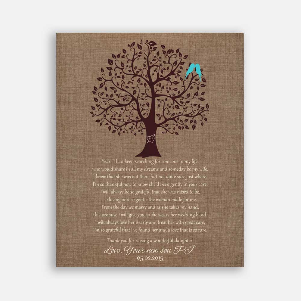 Mother of Groom Parents Faux Burlap With Brown Tree Turquoise Birds Years I Have Been Searching #CWA-1085