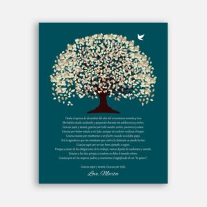 Mother And Father in Spanish Teal Background Beige Canopy Gift From Bride And Groom Family Tree Wedding Poem #CWA-1092