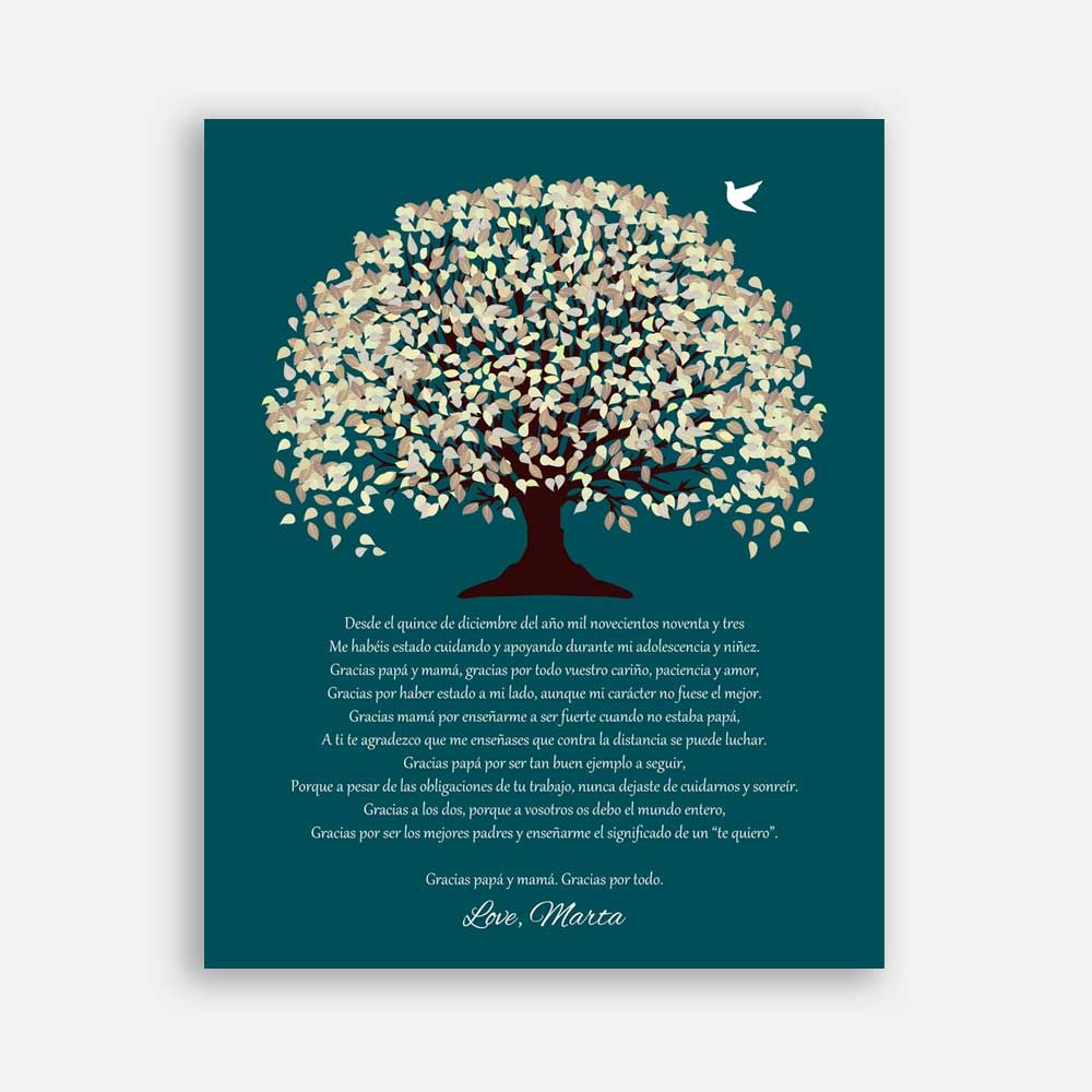 Mother And Father in Spanish Teal Background Beige Canopy Gift From Bride And Groom Family Tree Wedding Poem #CWA-1092