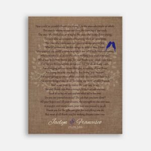 Mother of Bride Parents Faux Burlap Background With Blue Birds Carved Initials How Could We Possibly Thank You Enough #CWA-1094