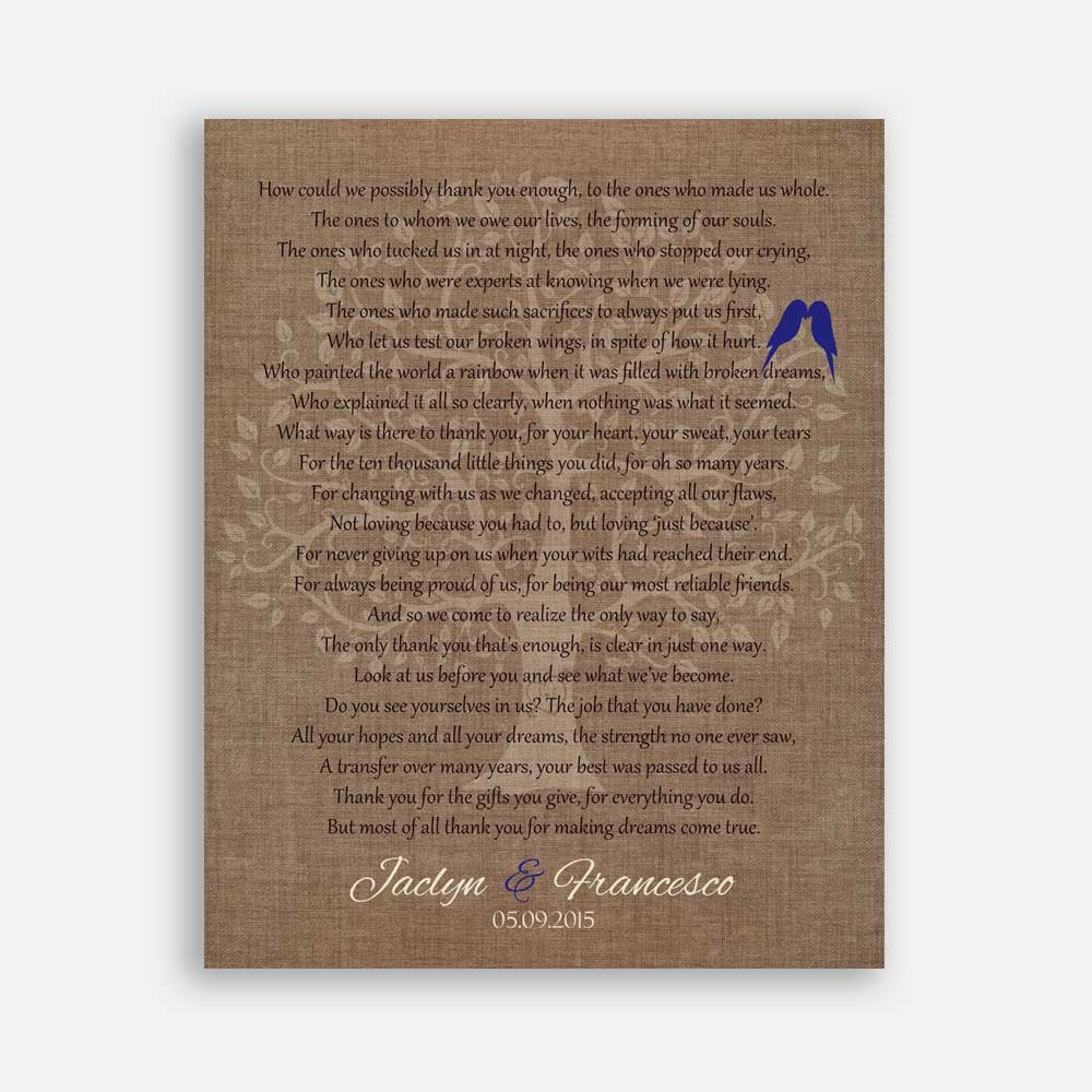 Mother of Bride Parents Faux Burlap Background With Blue Birds Carved Initials How Could We Possibly Thank You Enough #CWA-1094