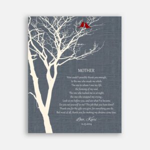 Mother From Daughter or Son How Could I Possibly Thank You Enough Bare Tree Red Birds on Blue Faux Texture #CWA-1116
