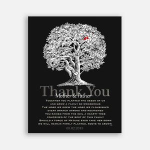 Mom and Dad Parents Family Tree Anniversary Poem For Wedding Anniversary Gift Oak Tree Carved Initials on Black Background #CWA-1213