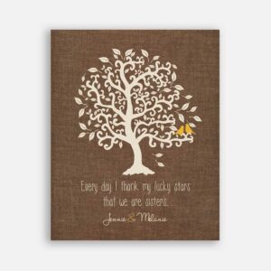 Sister Faux Burlap Background Yellow Birds Every Day I Thank My Lucky Stars #CWA-1242