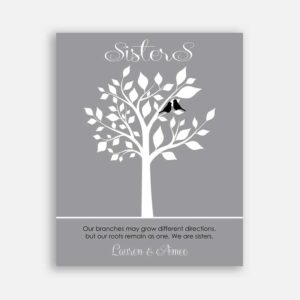 Sister Branches Different Directions Roots Remain As One Black Birds on Gray Background #CWA-1247