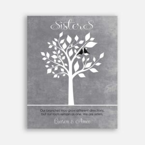 Sister Branches Different Directions Roots Remain As One Black Birds on Gray Faux Texture Background #CWA-1248