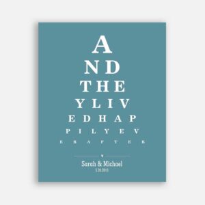 Couple And They Lived Happily Ever After Word Design Eye Chart on Blue Background Custom Metal Tin Wedding Art Print #CWA-1274
