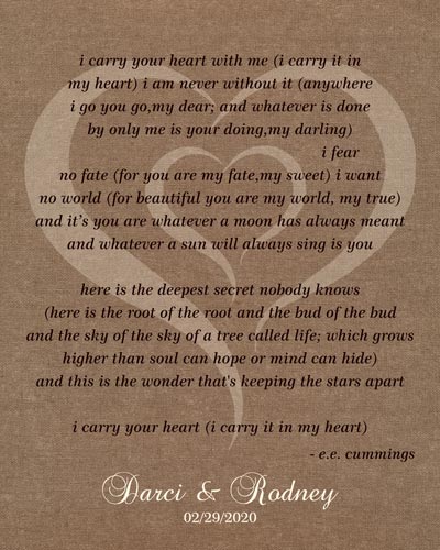 You are currently viewing Wedding Anniversary Gift, EE Cummings, A Poem Etched, burlap background, rustic charm – Personalized for Suzanne N.