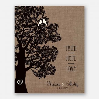 Personalized Anniversary Gift, This Beautiful Gift Depicts Large Oak Tree & Two Lovebirds Symbolizing Faith, Hope & Love, 1038