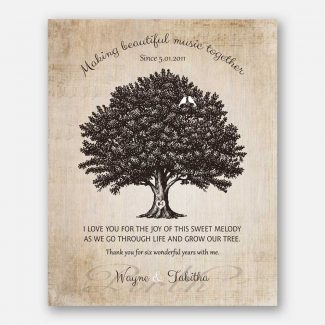 6 Year Anniversary Gift, Personalized Thank You Gift, Gift Depicting A Family Tree, 2 Birds & A Heart On The Trunk With Initials, 1051