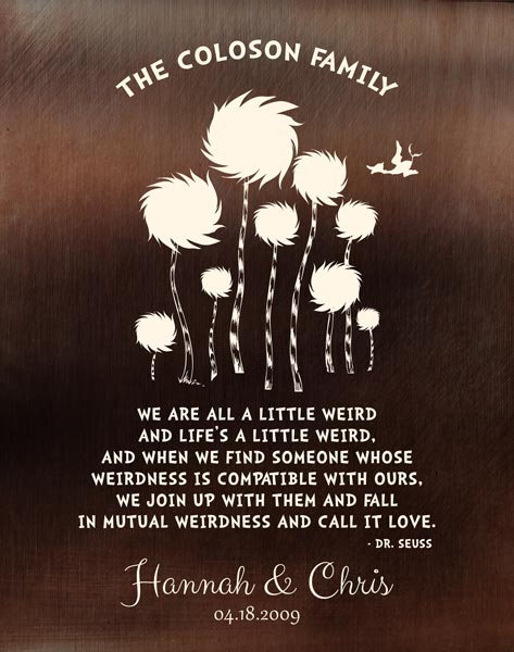 You are currently viewing Eight Year Anniversary Dr. Seuss Truffula Trees A Little Weird Quote Faux Bronze Brass Gift – Personalized For Chris