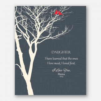 Daughter From Mom and Dad I Have Learned The Ones I Love Most Coral Birds on Faux Blue Texture Bare Tree #CWA-1110