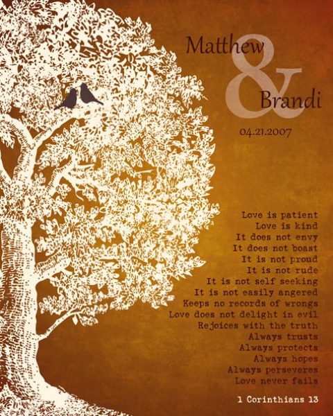 Family Tree Anniversary Plaque 1 Corinthians 13 Carved Initials Love Is Patient Oak Tree Orange Background Gift – Personalized For Janet