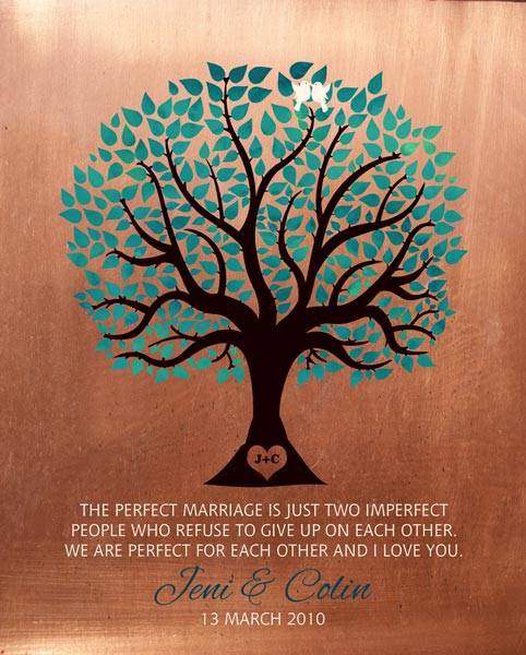 Read more about the article 7th Traditional Anniversary Seven Years Marriage Faux Copper Turquoise Family Tree Gift – Personalized For Jeni