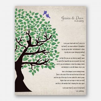 Green Watercolor Wedding Tree E.E. Cummings Poetry Carry Your Heart Personalized Tin 10 Year Anniversary Gift #1277
