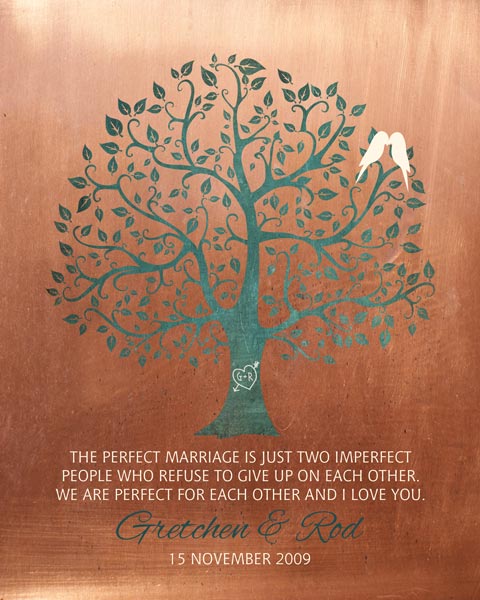 7 Year Anniversary Faux Copper Turquoise Wedding Tree Custom Metal Art Print – Personalized for Rod