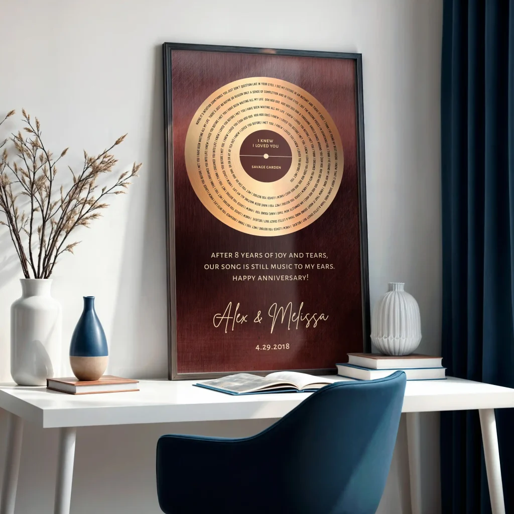 8 Year Anniversary wall plaque leaning against wall on top of boho style white desk.