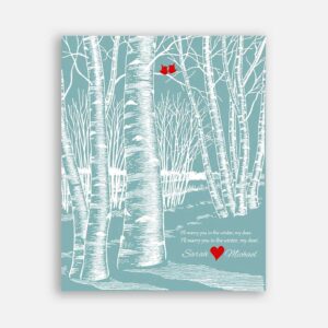 10th Wedding Anniversary I'll Marry You in The Winter Birch Trees Love Birds Turquoise Background #CWA-1049