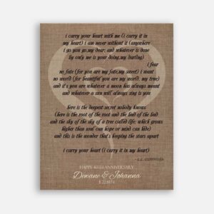Couple 40th Anniversary Carry Your Heart In My Heart E. E. Cummings Faux Burlap Background #CWA-1070