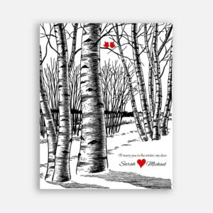 10th Anniversary Bare Birch Trees Marry You In The Winter Wedding Black White Red Tin Year #CWA-1071