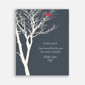 Daughter From Mom and Dad I Have Learned The Ones I Love Most Coral Birds on Faux Blue Texture Bare Tree #CWA-1110