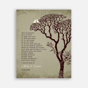 10th Wedding Anniversary Gift For Couple 1 Corinthians 13 Love Is Patient Faux Texture Background White Love Birds Carved Initials #CWA-1118