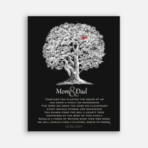 Mom and Dad Oak Tree Lovely Anniversary Poem Carved Initials 10 Year Tin Anniversary on Black Background #CWA-1206
