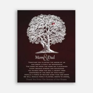 Mom and Dad Oak Tree Lovely Anniversary Poem Carved Initials 10 Year Tin Anniversary on Brown Background #CWA-1207
