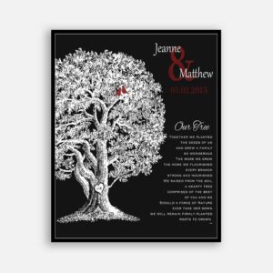 Square  10th Anniversary Our Family Tree Poem For Wedding Anniversary Gift Oak Tree Carved Initials on Black Background #CWA-1211