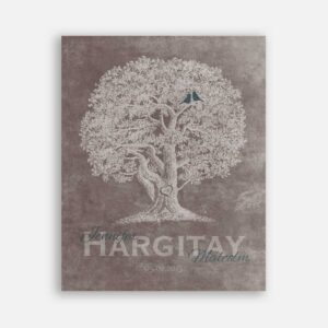 10th Anniversary Family Tree Oak Tree Carved Initials Teal Lovebirds on Beige Background #CWA-1214