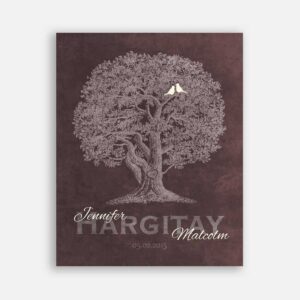 10th Anniversary Family Tree Oak Tree Carved Initials White Lovebirds on Brown Background #CWA-1215