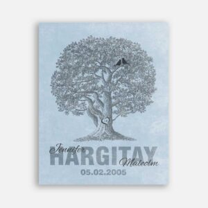 10th Anniversary Family Tree Oak Tree Carved Initials Navy Lovebirds on Blue Background #CWA-1216