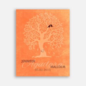 10th Anniversary Family Tree Bendy Knobby Carved Initials Lovebirds on Orange Background #CWA-1217
