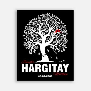 Couple Family Tree Anniversary Gift Tenth Anniversary Carved Initials on Black Red Birds Background #CWA-1236