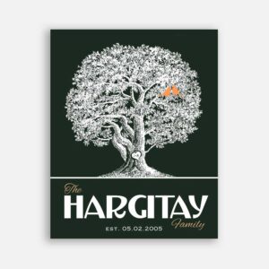 Couple Family Tree Anniversary Gift Tenth Anniversary Oak Tree Carved Initials on Green Gold Birds Background #CWA-1238