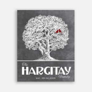 Couple Family Tree Anniversary Gift Tenth Anniversary Oak Tree Carved Initials on Gray Red Birds Background #CWA-1239