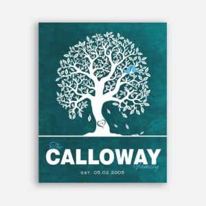 Couple Family Tree Anniversary Gift Tenth Anniversary Carved Initials on Aqua Turquoise Birds Background #CWA-1240