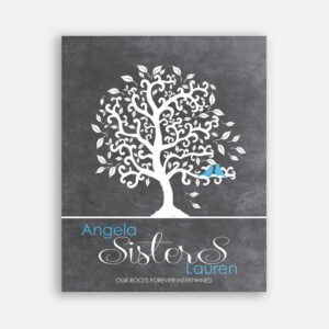 Sister Oak Tree Roots Forever Intertwined on Turquoise Birds Gray Background #CWA-1245