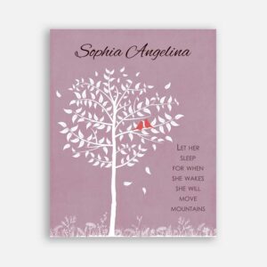 Personalized Gift Goddaughter From Godmother Let Her Sleep For When She Wakes She Will Move Mountains Quote Nursery Art Pink Background #CWA-1256