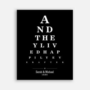 Couple And They Lived Happily Ever After Word Design Eye Chart on Black Background Custom Metal Tin Wedding Art Print #CWA-1272