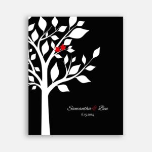 Anniversary Couple Family Tree Names And Date Red Birds Black Tree on White Background #CWA-1280