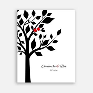 Anniversary Couple Family Tree Names And Date Red Birds White Tree on Black Background #CWA-1281
