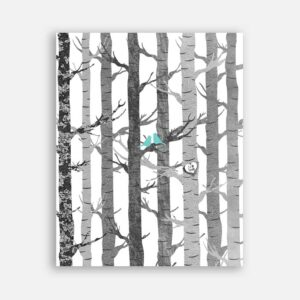 Anniversary Couple Birch Trees Carved Initials Faux Texture Turquoise Birds Tree Forest on White Background #CWA-1282
