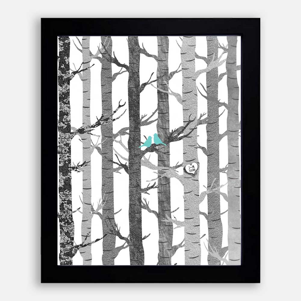 Anniversary Couple Birch Trees Carved Initials Faux Texture Turquoise Birds Tree Forest on White Background #CWA-1282 - Image 3
